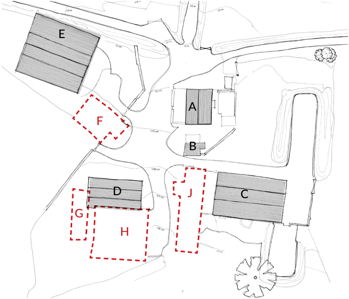A site plan showing existing buildings labeled A, C, D, and E alongside proposed areas marked with dashed red lines F, G, H, and J, set against a topographical background.