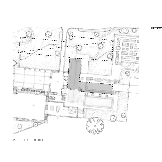 The image shows an architectural site plan illustrating the proposed footprint of a new dwelling (shaded grey) in relation to existing structures and landscaping.