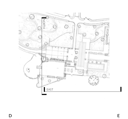 A black and white architectural site plan showing building footprints, tree locations, and orientation markers for North and East.