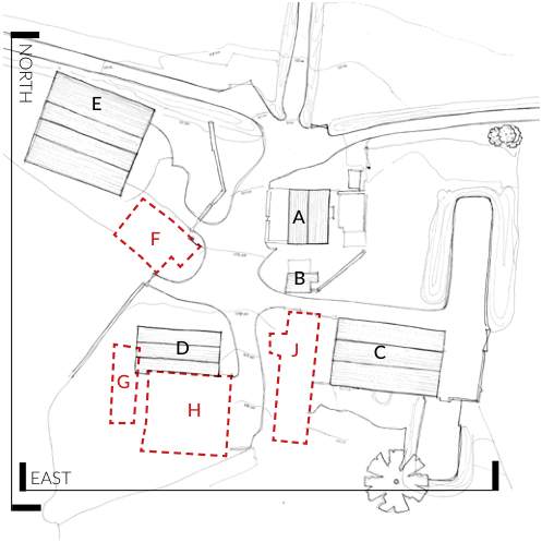 A site plan showing existing buildings labeled A-E and proposed areas outlined in red dashed lines, with North and East orientation markers.
