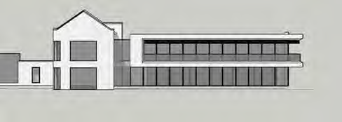 Architectural elevation drawing showing a proposed replacement dwelling with a two-story section and a long flat-roofed wing.