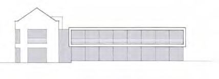 Architectural elevation drawing showing a proposed replacement dwelling with a traditional gable section and a modern single-story extension.