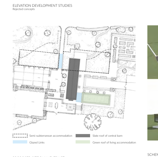 The image displays an architectural drawing titled 'Elevation Development Studies' showing rejected concepts for a building project, including a site plan with a legend for materials like slate and green roofs.