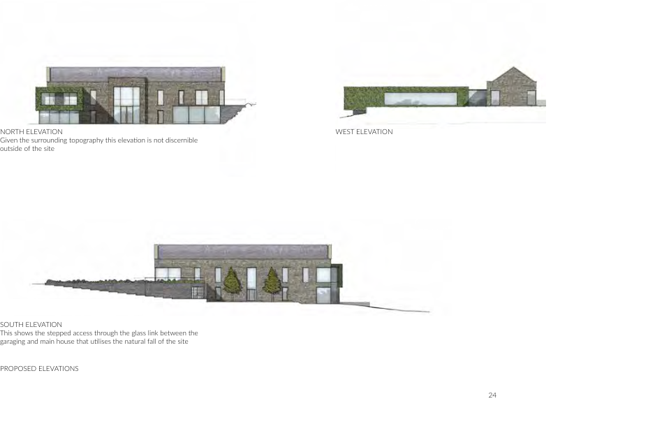 Architectural elevation drawings showing the proposed North, West, and South facades of a new dwelling with stone cladding and glass features.