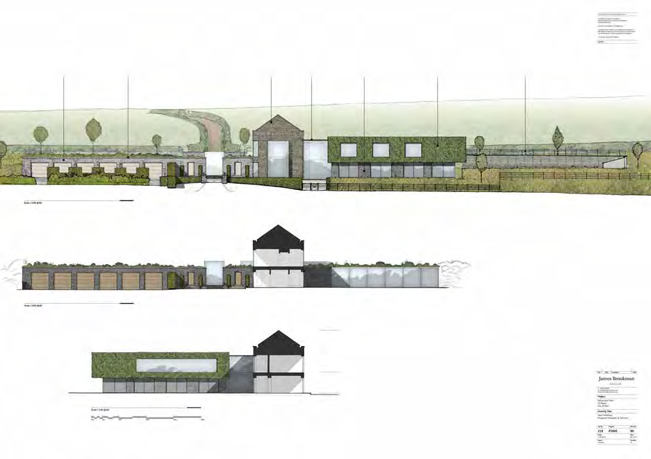Architectural elevations and perspective rendering showing the proposed replacement dwelling and surrounding landscape.