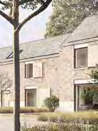 An architectural perspective rendering or sketch of a proposed stone dwelling with a pitched roof and surrounding landscaping.