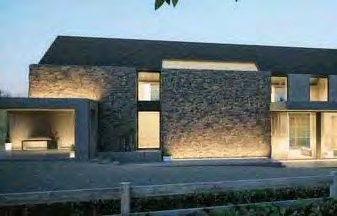 A photorealistic rendering or photograph of a modern single-story stone house with large windows and a covered patio area at dusk.