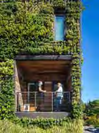 A modern building facade almost entirely covered in dense vertical greenery with a wooden balcony where two people are standing.