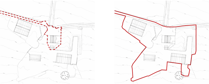Two side-by-side site plans illustrating proposed and existing site boundaries with building footprints and topographical contours.