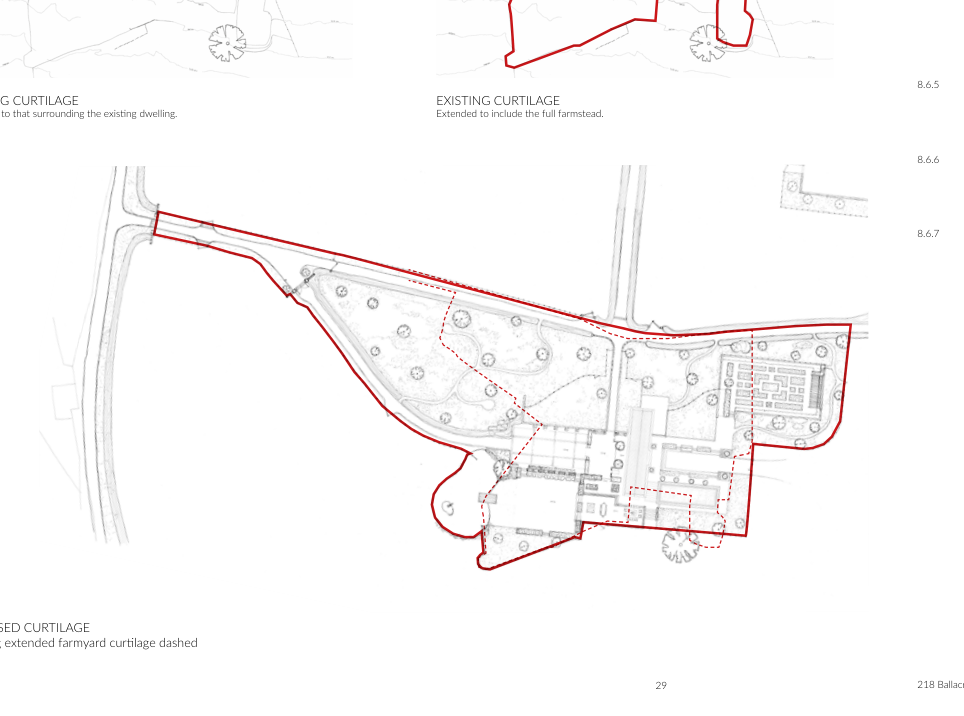 This image displays a site plan illustrating the existing and proposed curtilage boundaries, along with building footprints and landscaping features.
