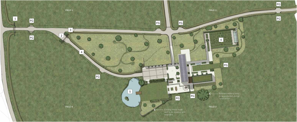 A site plan showing the layout of a proposed replacement dwelling with surrounding fields, a pond, and landscaping features.