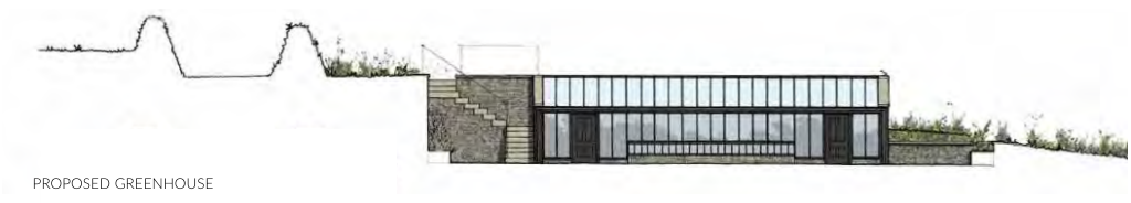Architectural elevation drawing of a proposed greenhouse structure integrated into a sloping site with stone and glass features.