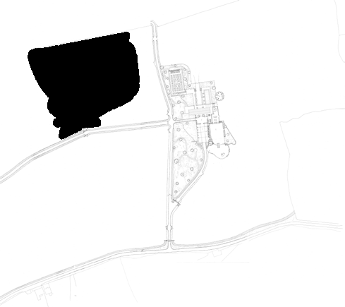 A site plan showing a large black footprint of existing structures next to a detailed proposed building layout with landscaping and access roads.