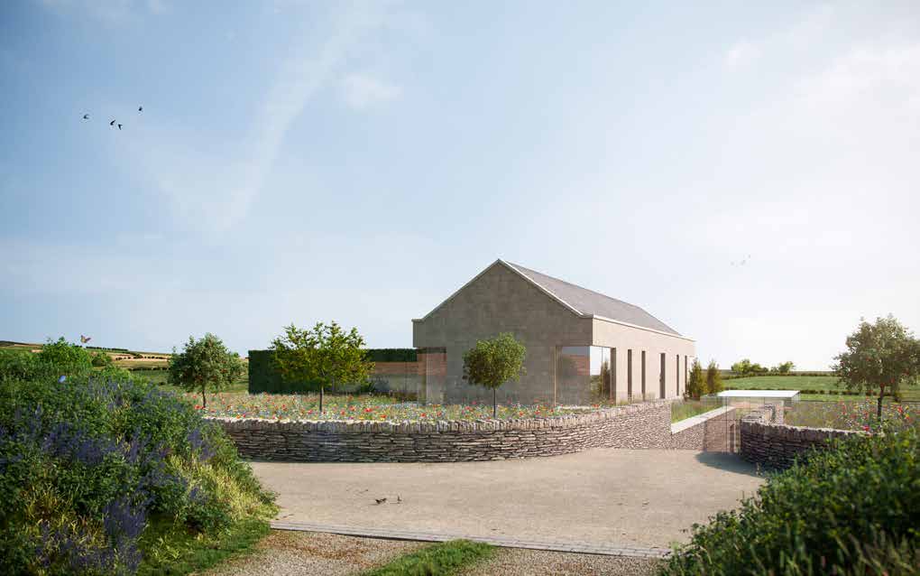 A photorealistic architectural rendering of a proposed modern single-story replacement dwelling in a rural setting with stone walls and landscaping.