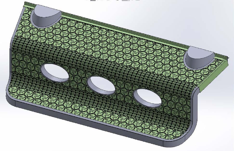 A 3D architectural cross-section rendering of a roof assembly featuring a green textured surface, three oval roof lights, and two grey vents.
