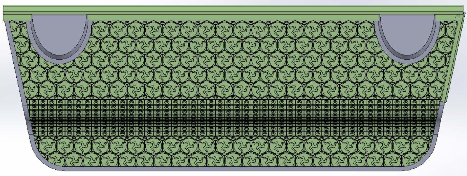 A technical architectural detail drawing showing a cross-section or elevation with a repeating geometric pattern and two large arched openings.