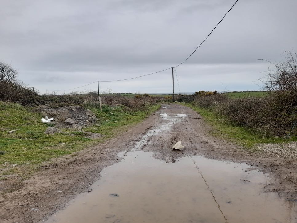 A muddy, unpaved rural track with large puddles of standing water, flanked by grassy verges and hedges under an overcast sky.