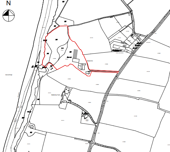This image displays a site location plan with the proposed development boundary highlighted in red. It shows the site in a rural context near Ballygally Farm and Ballygally House.
