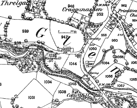 A black and white historical topographical map showing field boundaries, place names, and elevation points in a rural area.