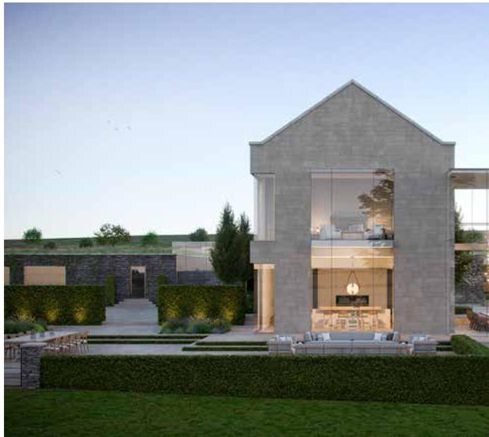 A photorealistic 3D architectural rendering of a proposed modern two-story detached house with large glass windows and a landscaped garden.