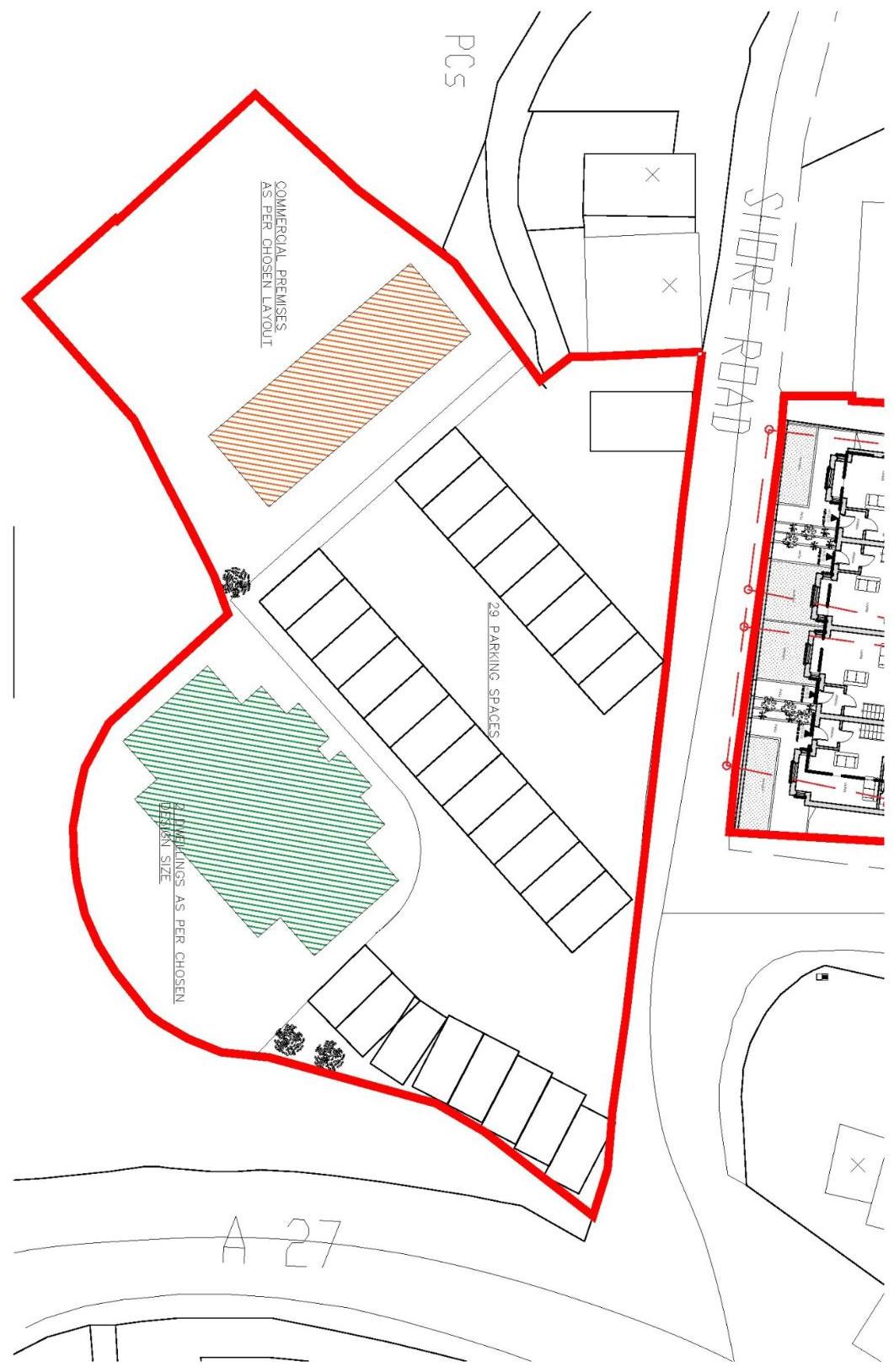 This image displays a site layout plan outlining the proposed development boundaries in red. It details the allocation of space for commercial premises, 23 parking bays, and landscaping areas adjacent to Shore Road.