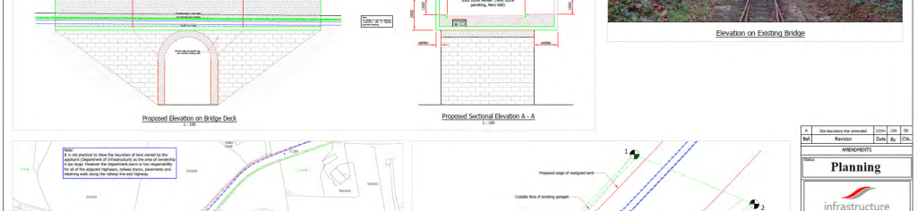 A technical engineering drawing sheet featuring proposed elevations and sectional views of a stone bridge, alongside a site plan detail and a photograph of the existing structure.
