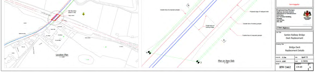 The image displays a technical drawing sheet for the Santon Railway Bridge Deck Replacement, featuring a location plan on the left and a detailed engineering plan of the new slab on the right.