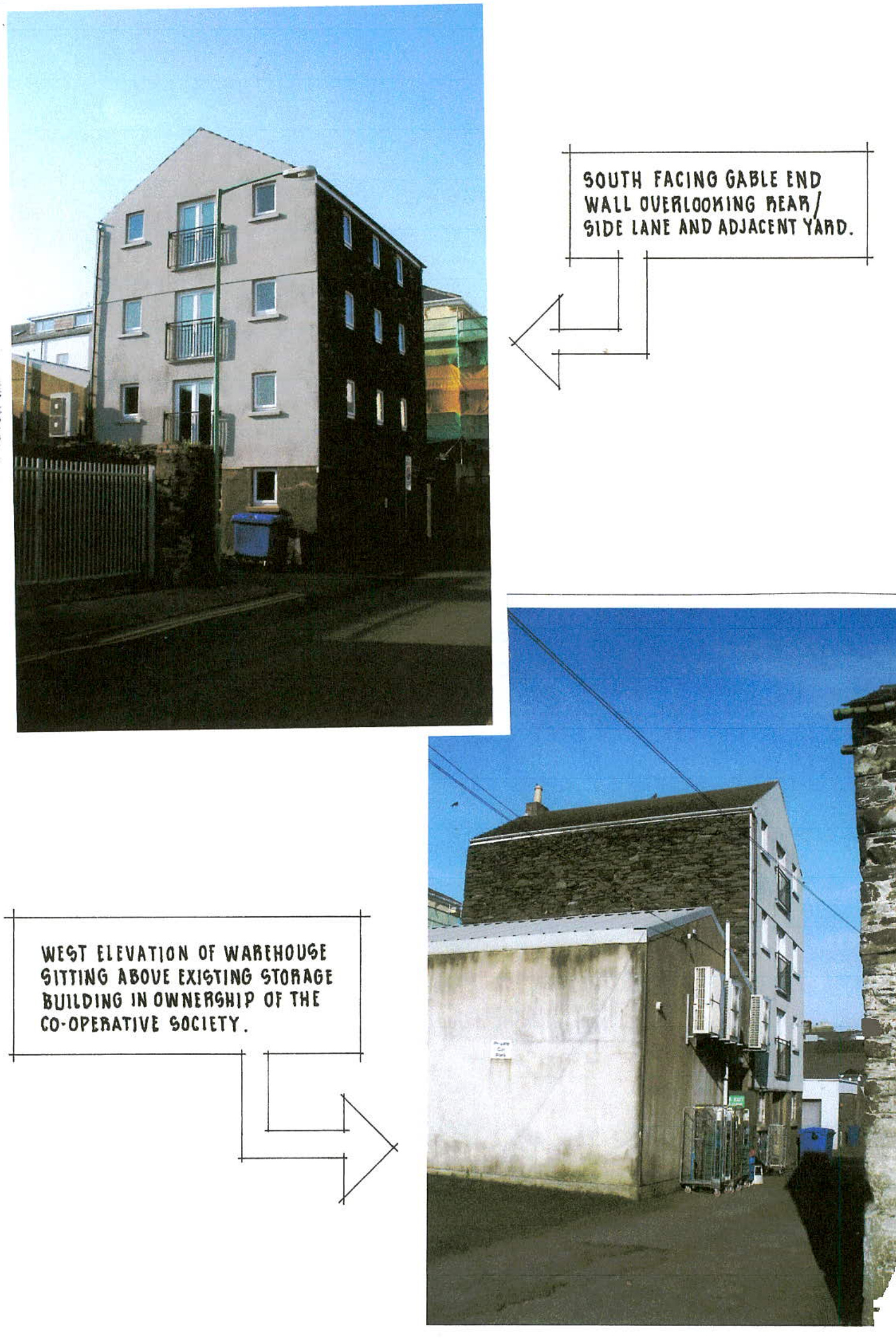 This image displays annotated site photographs of a warehouse building and an adjacent storage structure, highlighting the south-facing gable end and west elevation.