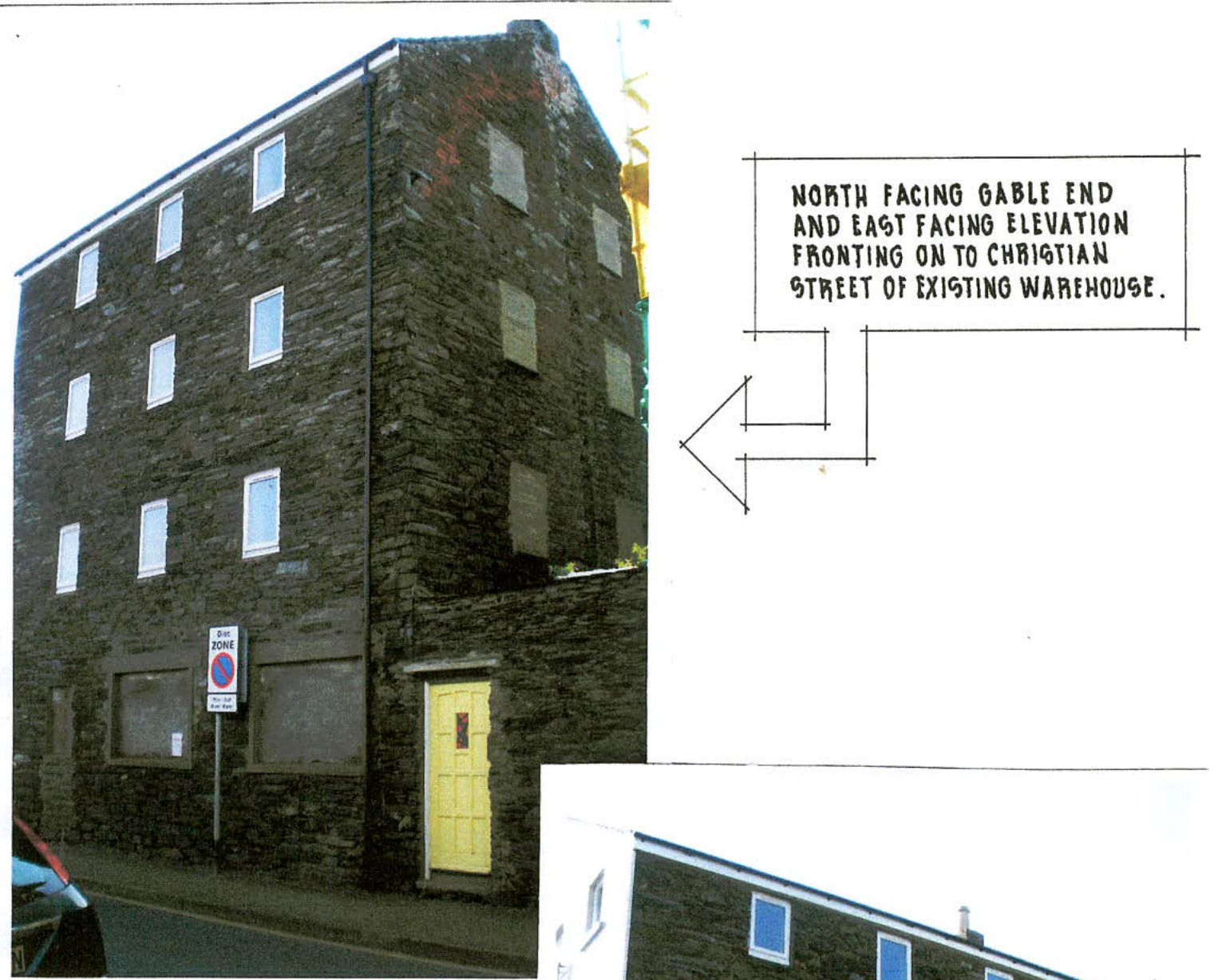 A composite document page showing a photograph of an existing multi-story stone warehouse on the left and a hand-drawn sketch of its elevations and orientation on the right.