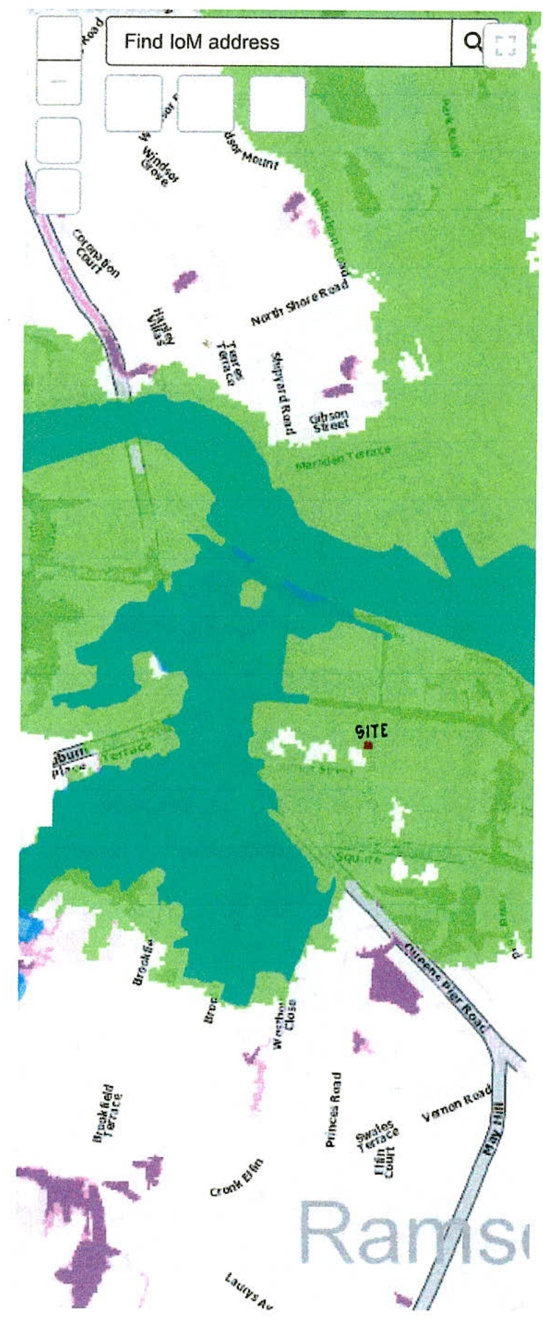 A digital site location map showing the proposed development site marked with a red triangle in Ramsey, surrounded by roads and a large body of water.