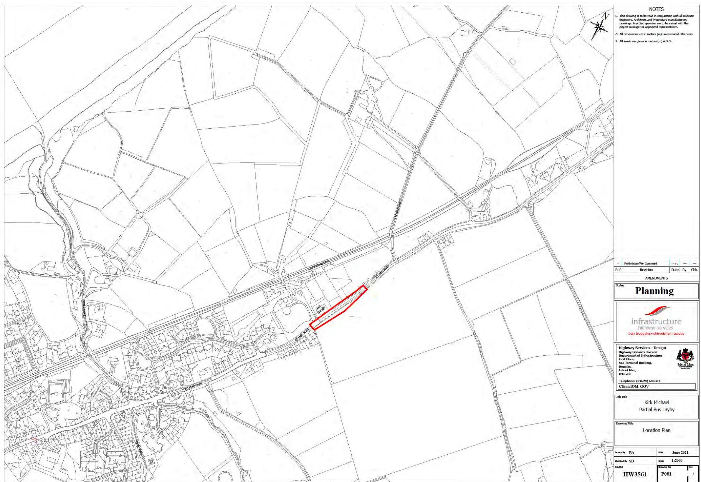 This is a black and white location plan showing a rural area with field boundaries and a road network. A specific section of the road is highlighted in red, indicating the proposed bus layby site.