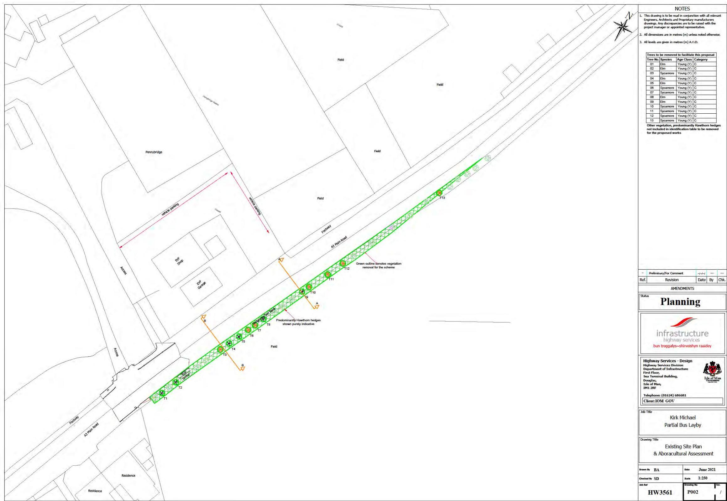 An existing site plan showing a proposed bus layby along the A2 Fox Road with associated landscaping and field access points.