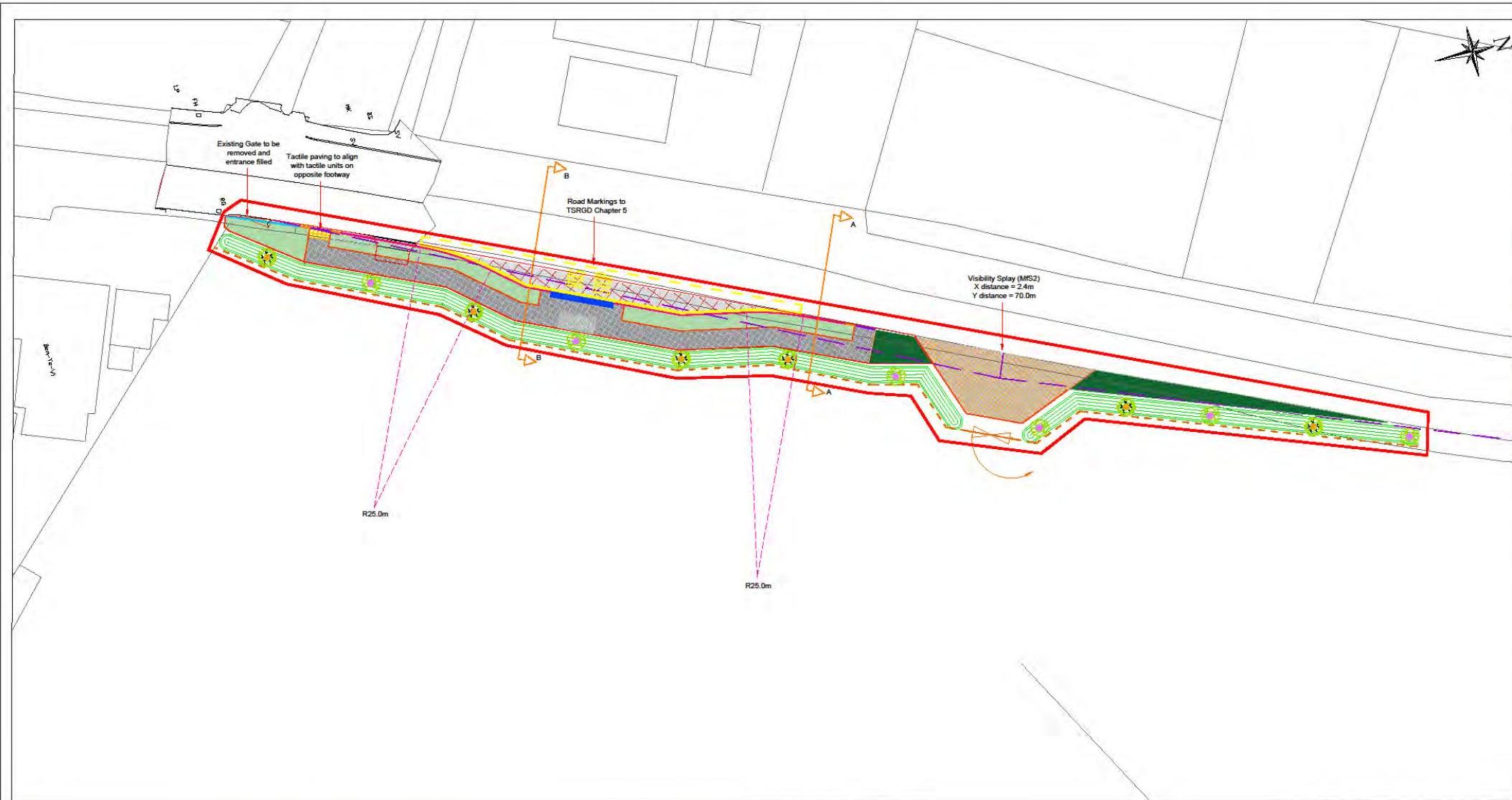 The image shows a detailed engineering site plan illustrating the proposed layout for a bus layby and field access point, including road markings, visibility splays, and landscaping details.