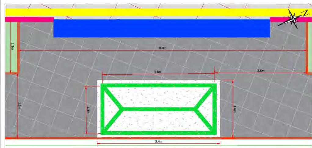A technical site plan showing the layout and dimensions of a proposed bus layby and shelter with a compass rose.