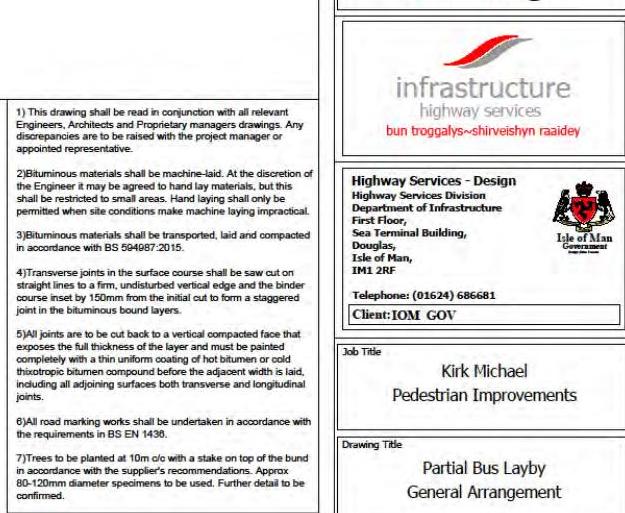 A technical specification sheet and title block for a 'Partial Bus Layby General Arrangement' project, featuring engineering notes and the Department of Infrastructure logo.