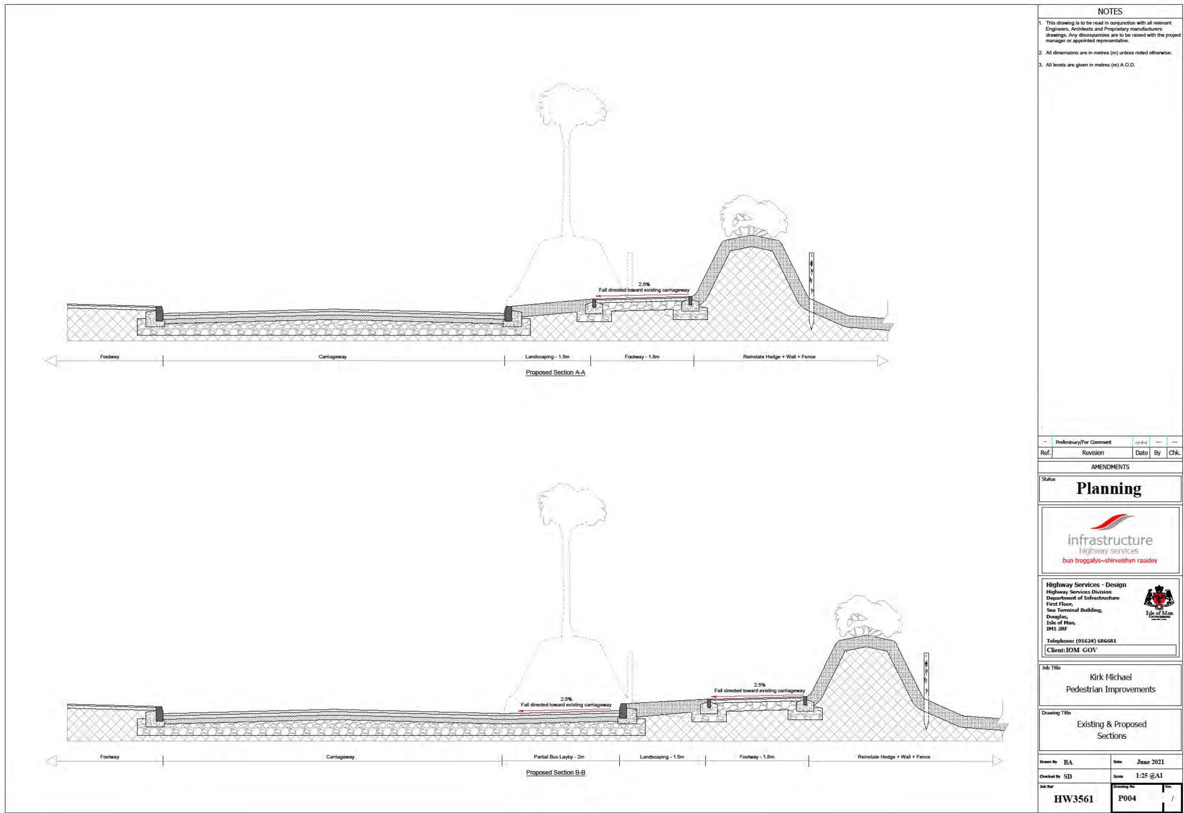 Technical cross-section drawings showing proposed road layouts, footways, and landscaping details for the Kirk Michael Pedestrian Improvements project.