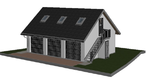 A 3D architectural rendering of a detached garage featuring three bays, a pitched roof with skylights, and an upper floor entrance with external stairs.