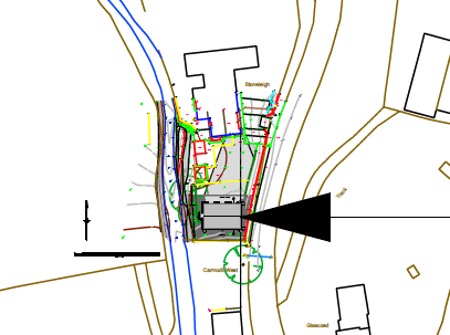 The image shows a technical site plan with building outlines, boundary lines, and a large black arrow pointing to a specific area, likely indicating the proposed garage. It includes labels for nearby properties and a...