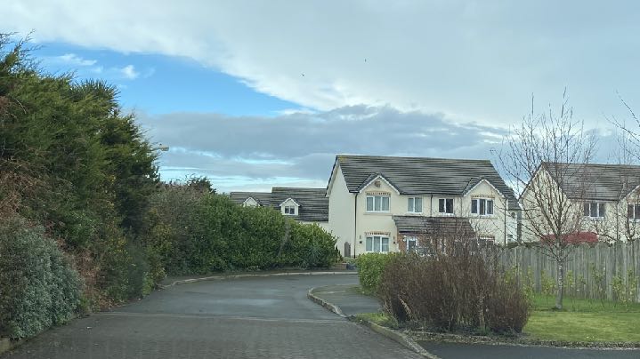 A street-level photograph showing a paved road curving past a dense hedge on the left and a row of cream-colored detached houses in the background under a cloudy sky.