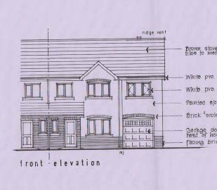 Architectural front elevation drawing of a proposed two-story detached house with material annotations.