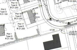 A technical site plan showing proposed plots (Plot 1, Plot 2, etc.) with boundary lines, level markings, and existing structures.