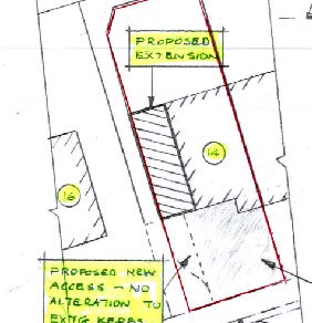 A hand-drawn site plan sketch showing the proposed location of an extension and a new access point relative to property boundaries.