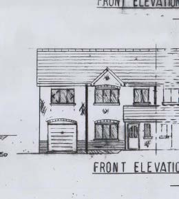 The image displays a sketched architectural front elevation of a proposed two-story residential property. It features a garage on the left side, windows on both floors, and a pitched roof.