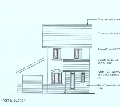 This image displays a technical architectural front elevation drawing of a proposed two-story detached dwelling with an attached garage.