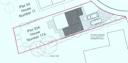 This image displays a site layout plan indicating proposed plot boundaries, building footprints, and parking spaces for new residential units.