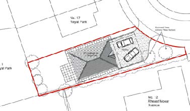 A site plan illustrating the proposed layout of a new dwelling, including parking spaces and property boundaries relative to adjacent properties.