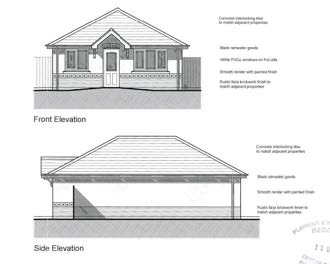 The image displays architectural elevations for a planning application, featuring a front elevation of a single-story house and a side elevation of an attached garage or outbuilding.