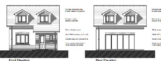 This image displays architectural elevations for a proposed dwelling, showing the front and rear facades with material specifications.