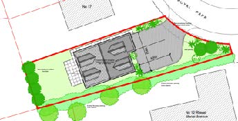 This image displays a site location plan showing the proposed development footprint within a plot of land, marked by red boundary lines. It illustrates the layout of the new dwelling, surrounding landscaping, and adja...