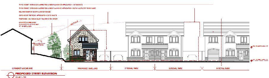 This image displays a proposed street elevation drawing showing a new detached dwelling situated next to existing terraced houses.